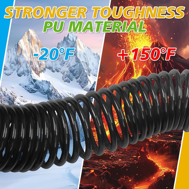BOTSROOM Air Compressor Hose 1/4 in x 25 ft PU Air Hose Kit with 1/4" Industrial Air Fittings and Bend Restrictors, Working Pressure of 300 PSI, Black - Image 4